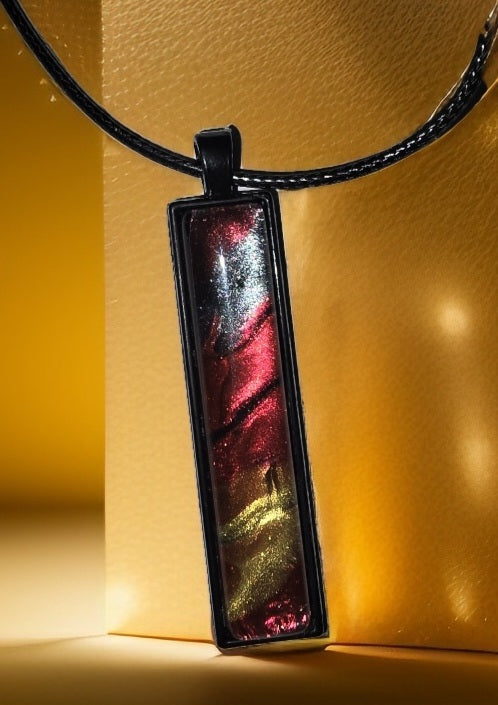 Metallic Red, Gold and Gun metal grey rectangular pendant with 16in. Braided Rope chain